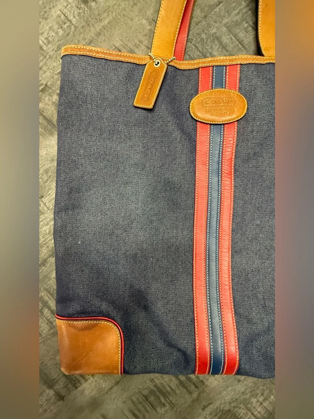 VINTAGE/Coach Navy Canvas Tote with Red and Blue Stripe and Brown Leather Trim